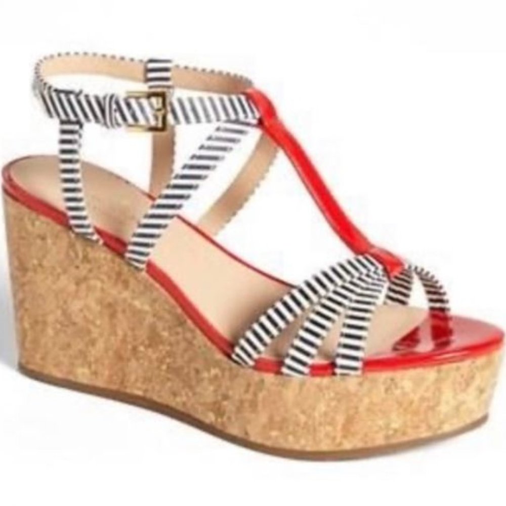 Kate Spade Tropez Striped Patent Leather Cork Wedges Sandal sz: 8.5M